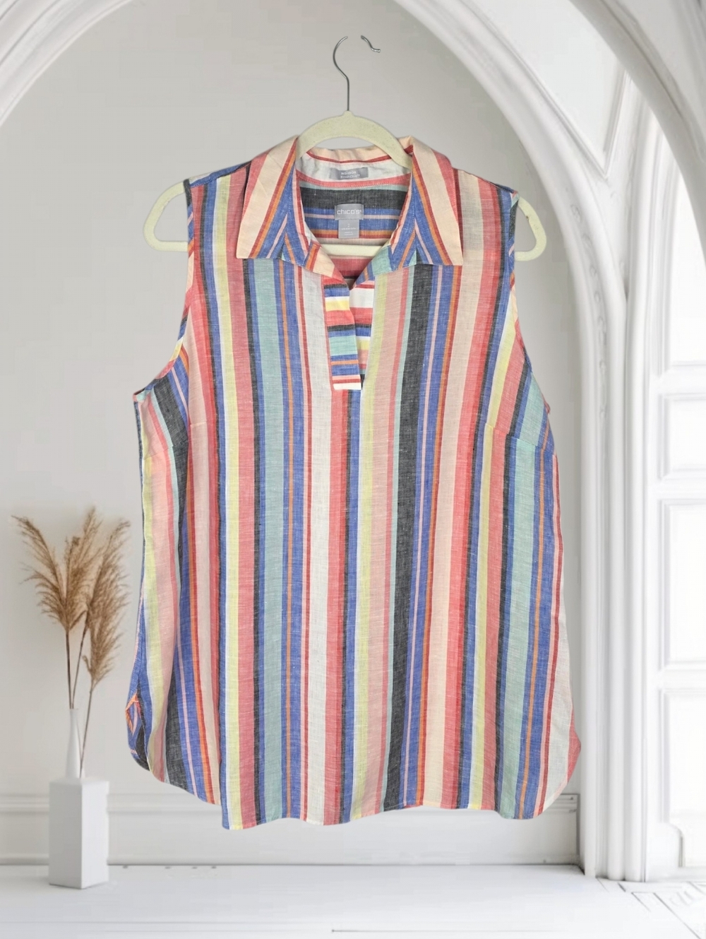 Chicos 100% Linen Non-Iron Sleeveless Striped Calypso Coral Tunic Top Size Large